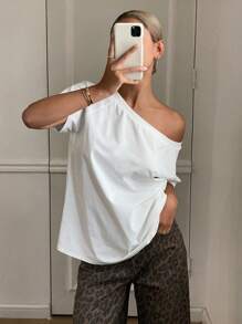 Livesso Blusa de hombros descubiertos con diseño sin tirantes, camiseta de manga corta para mujer