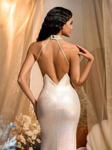 Glamrae Elegant Champagne Shimmery Coated Halter Plunge Neckline Exposed Back Asymmetric Waistline Mermaid Tail Hem Formal Evening Gown, Party Dress, Wedding Guest Dress, Evening Dress - Champagne - View 2