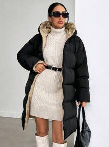 SHEIN Cottnline Frenchy Zip Up Slant Pocket Hooded Puffer Casual Winter Coat - Black - View 3