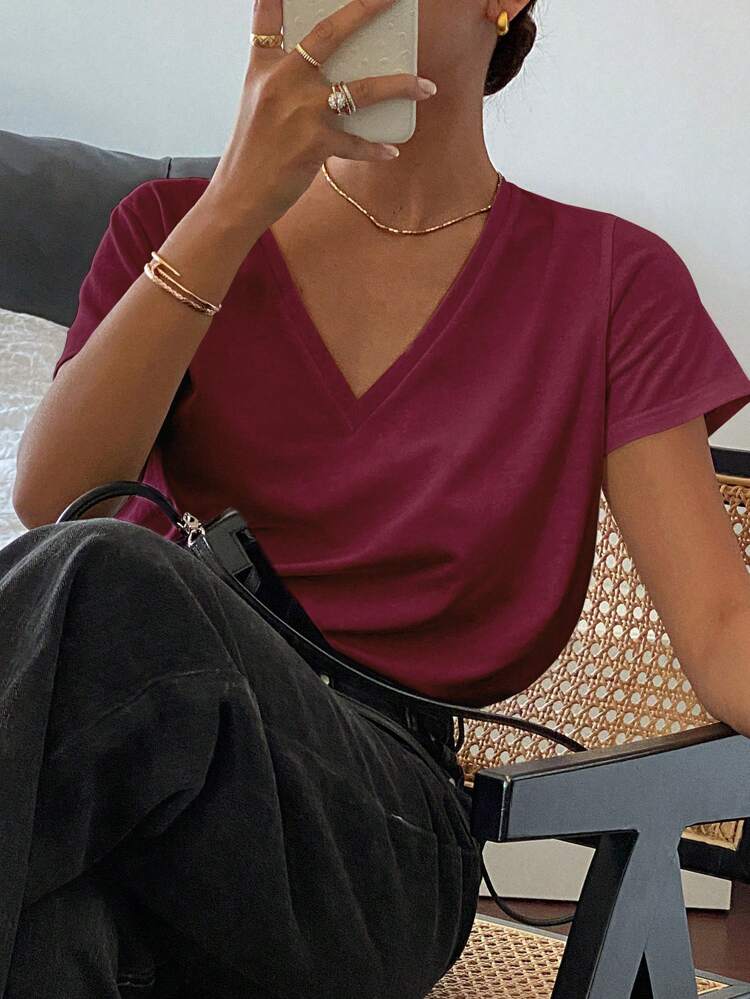 Women's Casual Solid Color Deep V-Neck Short Sleeve Loose T-Shirt, Summer,Business Casual Women