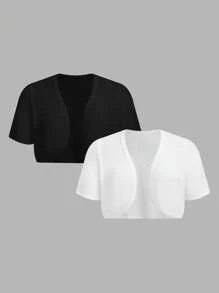 SHEIN EZwear 2 piezas Chaqueta de manga corta de apertura delantera para mujer de talla grande en negro y blanco