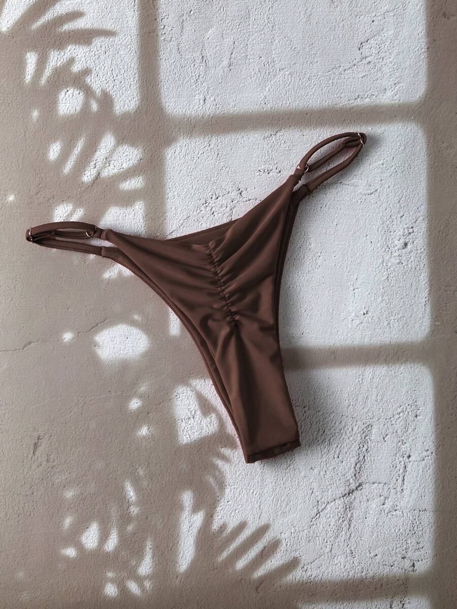 Swim Chiccia Spring Break Women's Simple Solid Color Thong Bikini Bottom For Summer Beach Vacation - Coffee Brown - View 1