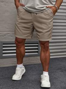 Manfinity RelaxMax Men's Solid Color Drawstring Waistband Shorts With Slant Pockets, Plain White Jogger Drawstring Shorts, For Husband, Boyfriend Gifts White Shorts For Menwhite Short For Menmen White Shortswhite Shorts Menwhite Short - Light Grey - View 1