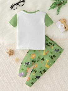 SHEIN Baby Boy Cartoon Zoo Lion Print Casual Slim Fit Comfortable Short Sleeve Jumpsuit, Snug Fit Home Wear, Suitable For Spring And Summer - Multicolor - View 2