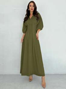 Firerie Elegant Office / Casual Dress With V-Neck, Lantern Sleeves, Pleated Waist Detail, A-Line Silhouette, White, For Women, Suitable For Work, Travel, Romantic Occasions, Autumn,Summer Dresses For Women
