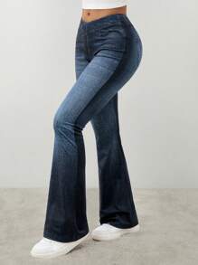 SHEIN PETITE Women's Overlapping Waist, Slightly Flared, Elegant Pockets, Natural Flared Trousers, Dark Trousers For Women