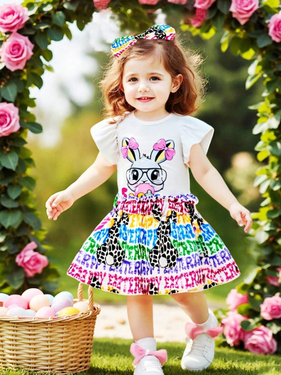 3pcs Baby Girls White Summer Easter Outfit Set: Cute Bunny Print Romper,Ruffled Skirt,Headband,Fashionable Birthday Party Outings Holiday Travel Relax - Multicolor - View 1