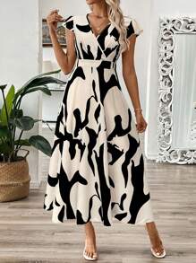 Breezaya Women's Summer V-Neck Long Leaf Floral Dress, Waist Cinched A-Line Dress - Multicolor - View 5