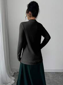 SHEIN PETITE Women's Casual Ribbed Brushed Open Front Side Pocket Lightweight Jacket Fall Cloth For Women - Black - View 2