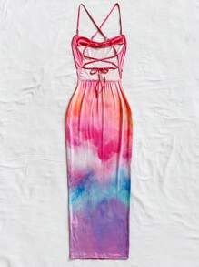 Soleia 女士休闲浪漫度假连衣裙，渐变棕榈树风景印花，深 V 领露背系带细肩带连衣裙 - 彩色 - 查看 2