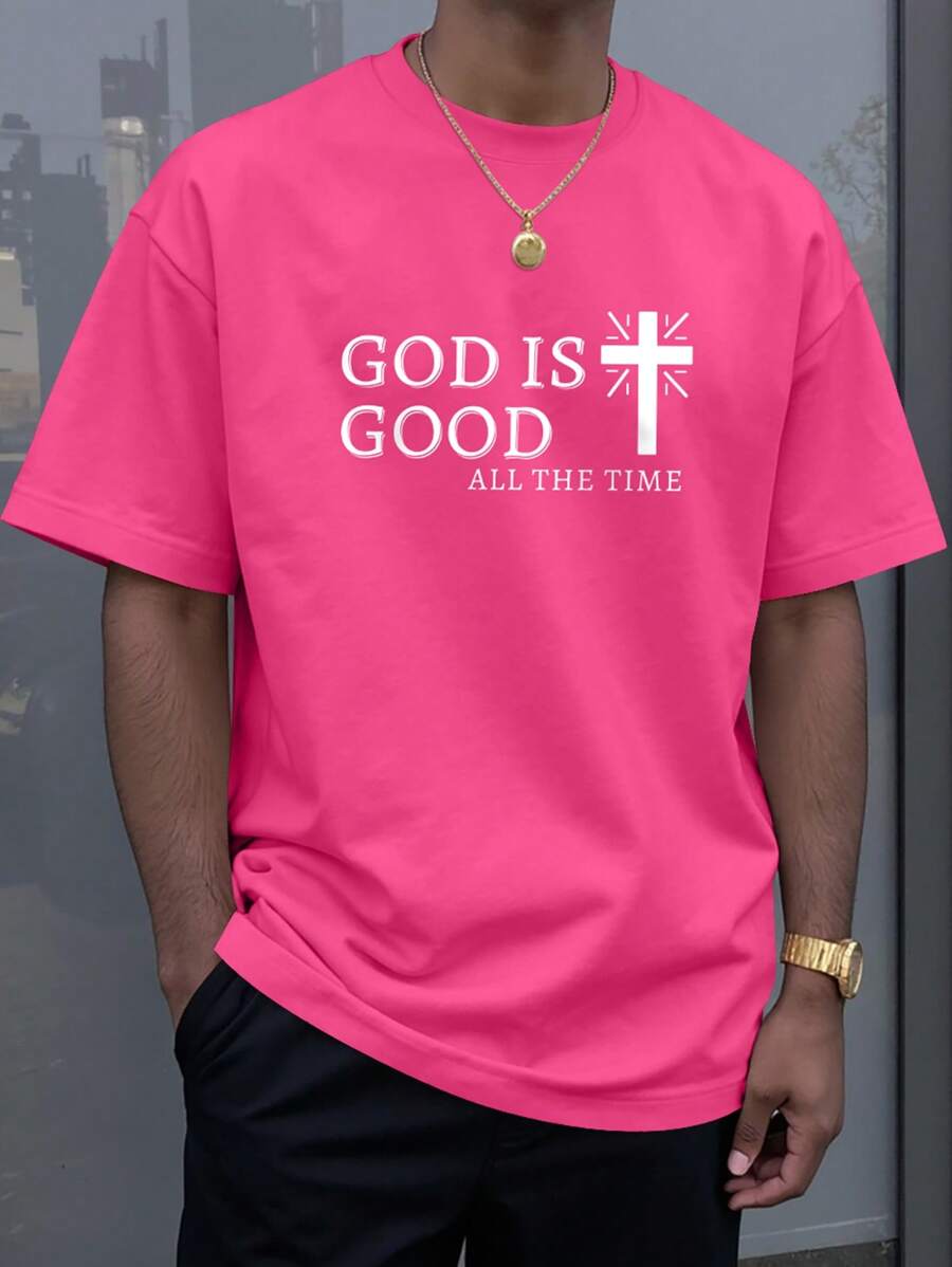 Manfinity Homme Men's Casual Cross Print Slogan Short Sleeve T-Shirt, Summer - Watermelon Pink - View 1