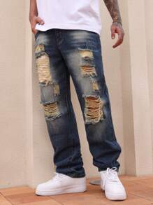 Manfinity LEGND Men's Casual Washed Distressed Straight Leg Jeans - Medium Wash - View 1