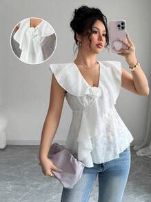 Elenzga Women French Style Floral Embroidery Cut-Out Cap Sleeve Asymmetrical Hem Fitted White Blouse, Summer - White - View 3