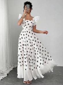 Chiquease Bohemian Square Neck Chiffon Cap Sleeve Ruffle Hem Dress For Women, Vacation Style, Spring/Summer - White - View 1