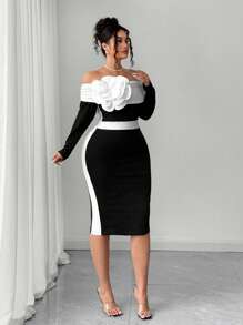 Elenzga Plus Size Elegant Off-Shoulder Floral Bodycon Dress, Spring/Summer Fall Cloth For Women - Black - View 4