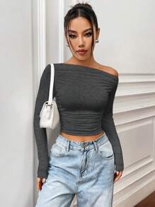 Flirla Women's Solid Color Oblique Shoulder Casual Simple Fashion T-Shirt, Suitable For Summer