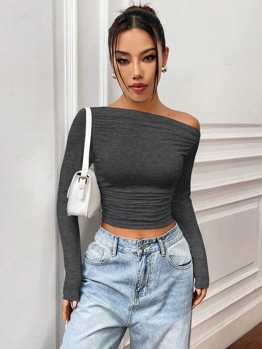 Flirla Women's Solid Color Oblique Shoulder Casual Simple Fashion T-Shirt, Suitable For Summer