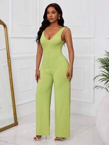 Slaydiva Women's 2025 Summer New Fashionable Jumpsuit, Suitable For Music Festivals, Easter, St. Patrick's Day, Boho, Birthdays, Graduations, Students, Casual Outings, Basics, Leisure, Vacations, Cruises, Beaches, Sunbathing, Fashion, Street Style, Minimalist Design, Textured Ribbed, Green
