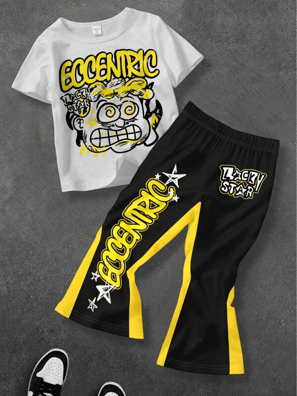 SHEIN Graffiti Cartoon Portrait Young Boy, Casual Minimalist Short Sleeve Flared Pants Two Pieces Knit Suit, Suitable For Summer