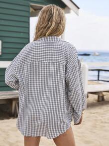 Aralina Women Plaid Check Oversized Button Up Vacation Grunge Shirt Beach Cover Up - Black - View 2