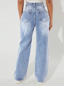 SHEIN PETITE Quần Jeans Ống Đứng Túi Xiên In Hình Mèo Dễ Thương Thường Ngày - Rửa nhẹ - Xem 2
