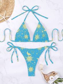 SHEIN Swim Sun, Moon & Star Print Bikini Set, For Vacation & Beach - Multicolor - View 3