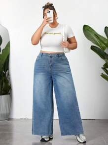 SHEIN CURVE+ Plus Size Heart Pattern Washed Loose Denim Wide Leg Pants, Casual Street Style, Summer, Curve Plus, Boho Vacation