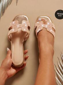 SHUZIA Sandalias anchas para mujer con aplicaciones de cristal en color oro rosa - Cristales multi-faceta y diseño calado de inspiración francesa, ideales para uso en resorts y paseos por la ciudad