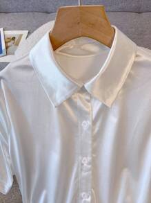 Chiquease 优雅白色短袖衬衫领系带 A 字裙，女士春夏连衣裙 - 白色 - 查看 4