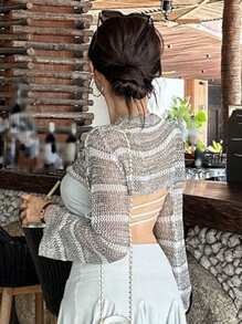 DAZY Women Striped Ultra Short Flare Sleeve Knit Sweater Fall Vacation - Grey - View 3