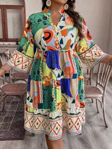 EMERY ROSE Robe à imprimé floral col en V manches 3/4 grande taille, style vacances