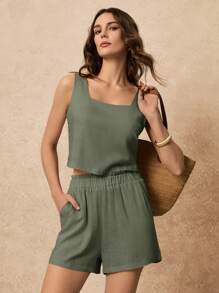 Poéselle Áo khoác vest cài nút phía trước và quần short, dáng rộng, bộ đồ đi nghỉ, phong cách đơn giản, bộ đồ vải lanh pha trộn hai mảnh quần short vải lanh cho nữ quần short quần áo vải lanh cho nữ váy thường ngày trang phục tiệc trà quần short hàng hiệu trang phục công sở - xanh quân đội - Xem 4