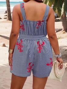 Breezaya Plus Size Women Lobster Plaid Print Casual Jumpsuit
