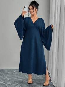 Modelyn Plus Size Elegant Solid Color Bell Sleeve Side Slit Dress - Navy Blue - View 1
