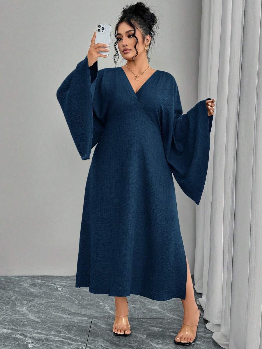Modelyn Plus Size Elegant Solid Color Bell Sleeve Side Slit Dress - Navy Blue - View 1