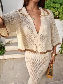 EURMUSE Women's Women Summer Crochet Beach Vacation Spring Resort Wear Boho Sun Dress Outfits For Women Women Button Front Short Sleeve Cardigan Knit Top And Bodycon Sweater Knit Skirt Beachwear Co-Ords Set 2pcs Two Pieces Cotton Set White Party - Cream - View 1