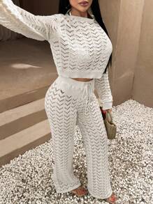 SHEIN Vacation V Neck Hollow Out Flare Sleeve Crochet Top & Maxi Wide Leg Relaxed Fit Drawcord Detailed Crochet Knitted Pants 2 Piece Cover Up Set
