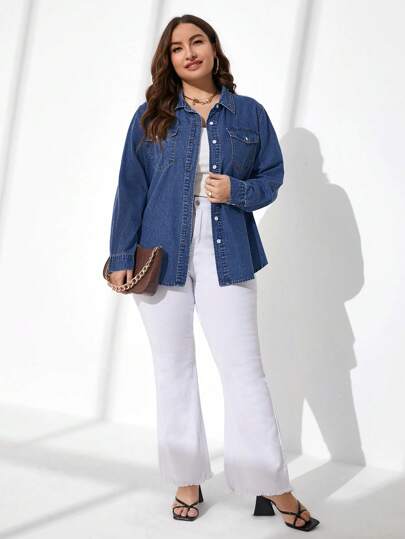EMERY ROSE Plus Size Casual Washed Long Sleeve Denim Shirt
