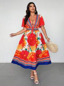 Flirla Plus Size Women's Colorful Floral Elegant Beach Party Tie-Waist Maxi Dress, Spring/Summer - Multicolor - View 5