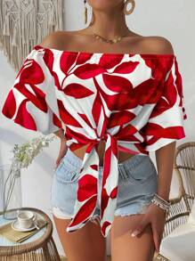 Breezaya Women's Summer Vacation Hawaiian Style Print Off Shoulder Sleeveless Blouse - Red - View 7