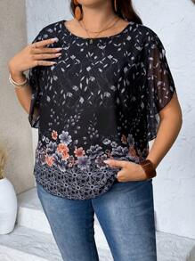 EMERY ROSE Women's Round Neck 3/4 Sleeve Formal Blouse, Printed Layered Mesh Shirt - Multicolor - View 3
