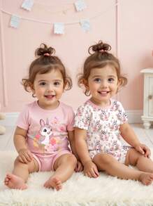 4pcs Baby Girls Cute Rabbit Print Round Neck Short Sleeve Top & Shorts Snug Fit Pajama Sets - Multicolor - View 4