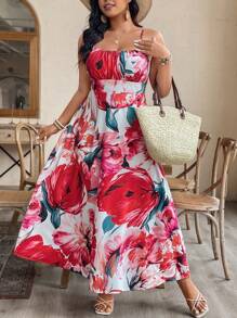 SHEIN Clasi Abito lungo da donna per vacanza, con stampa floreale, spalline a spaghetti e schiena aperta - Multicolore - Visualizzare 4