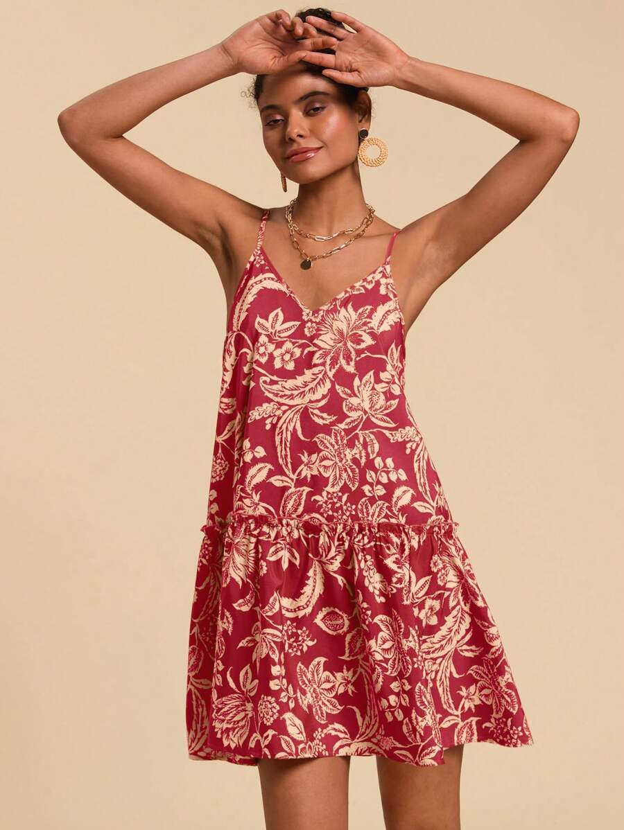 Travachic 女式编织复古印花荷叶边下摆吊带迷你连衣裙