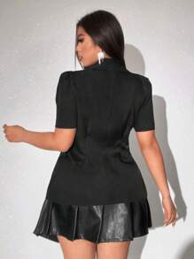 Viva Relle Plus Size Elegant Solid Color 3D Floral Decor Double Breasted Cinched Waist Short Sleeve Blazer - Black - View 2