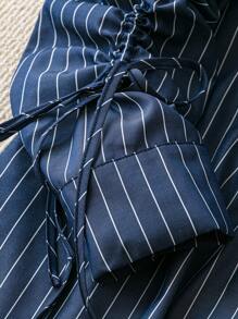 SHEIN LUNE Women Plus Size Striped Print Front Button Drawstring Long Sleeve Blouse Fall Cloth For Women