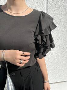 FRIFUL Maglietta casual estiva da donna a maniche corte, collo tondo, in colore unito, con maniche a balze e vestibilità morbida