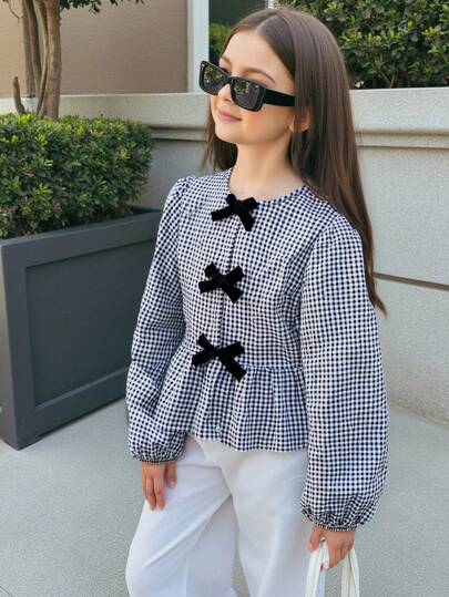 SHEIN Blusa holgada de manga obispo con lazo de terciopelo estampado de pata de gallo estilo vintage chic para niña preadolescente Nova Glow