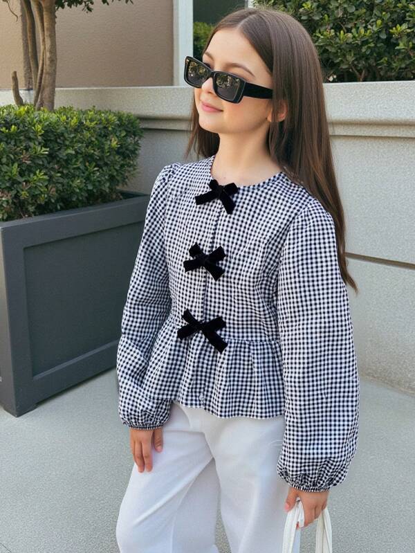 SHEIN Nova Glow Tween Girl Vintage Chic Houndstooth Velvet Bow Loose Bishop Sleeve Blouse