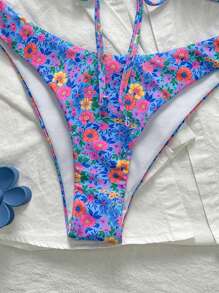 Swim Mod 2pcs Women Ditsy Floral Ruffled Spaghetti Strap Swimwear Bikini Set, Summer - Multicolor - View 5